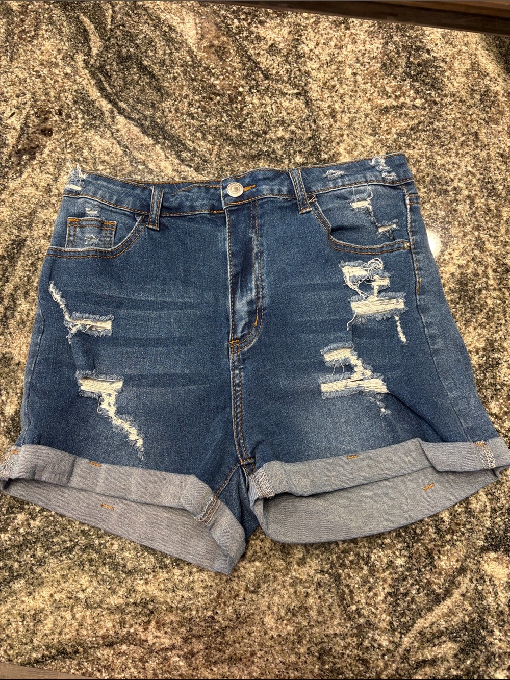 High-Rise Distressed Denim Shorts - Blue size large SHEIN